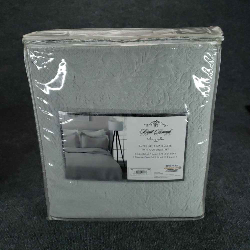 Royal Borough Twin Coverlet Set 2-Piece Matelasse 100% Cotton Grey Oeko-Tex